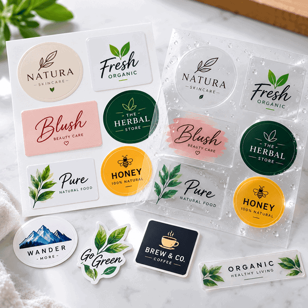 Custom waterproof vinyl stickers in white and transparent material