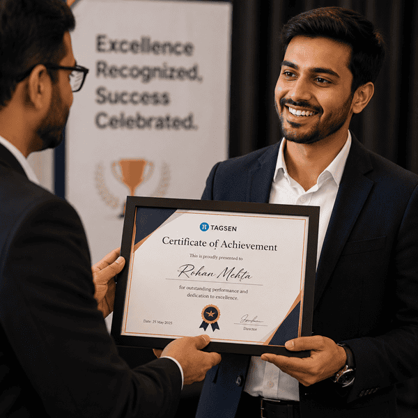 framed certificate being presented at an award ceremony