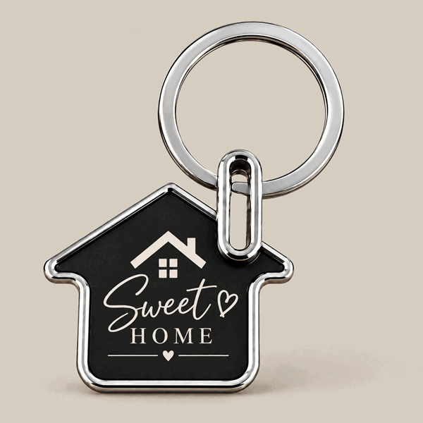 House shape custom metal keychain with black center and silver border