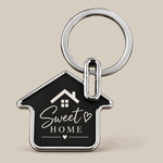 House shape custom metal keychain with black center and silver border