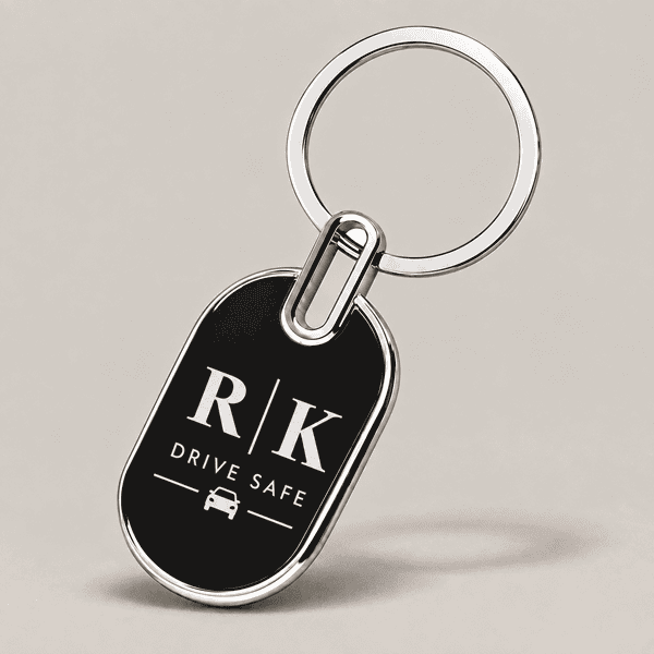 Oval custom metal keychain with black center and silver border