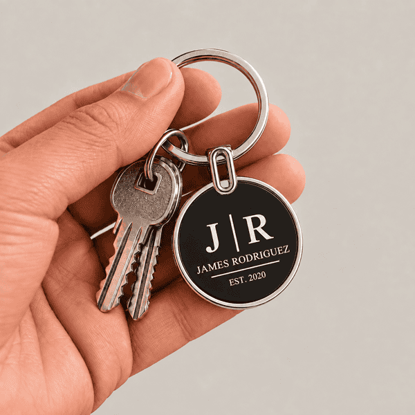 Personalised metal keychain shown in hand with keys