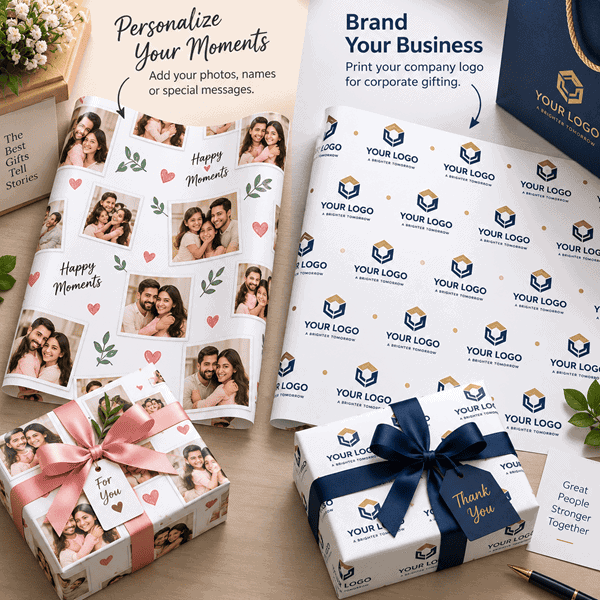 Personalized gift wrapping paper with photo and company logo design