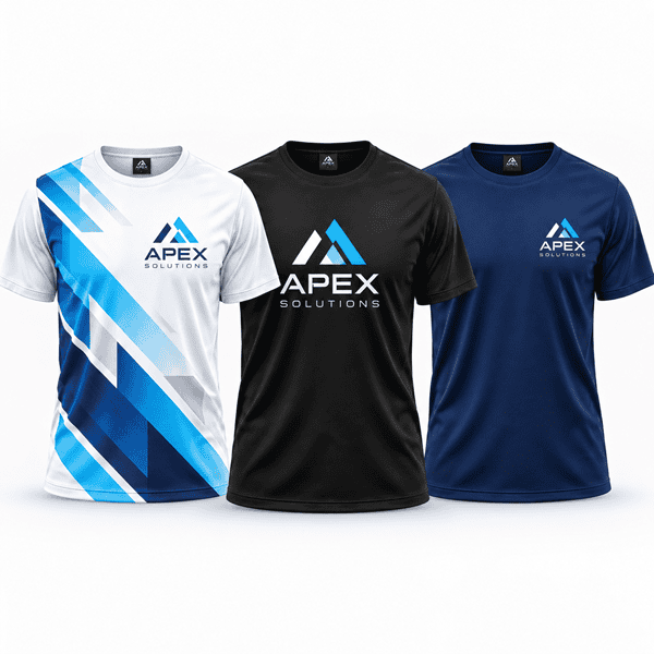 Custom polyester T-shirts in white black and navy with printing options