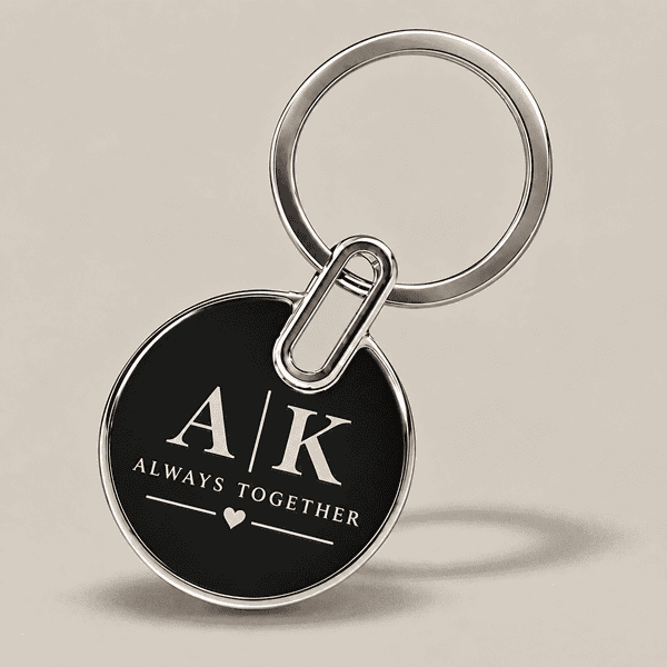 Round custom metal keychain with black center and silver border