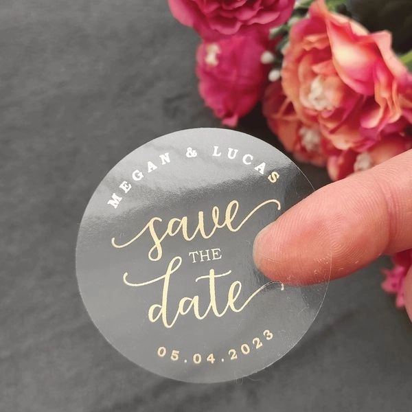 Transparent round save the date sticker with custom text