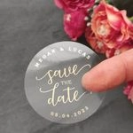Transparent round save the date sticker with custom text