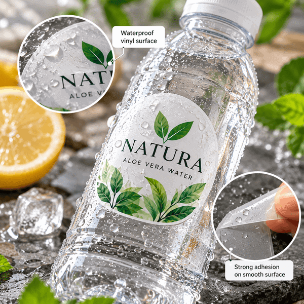 Waterproof vinyl sticker with water droplets on bottle