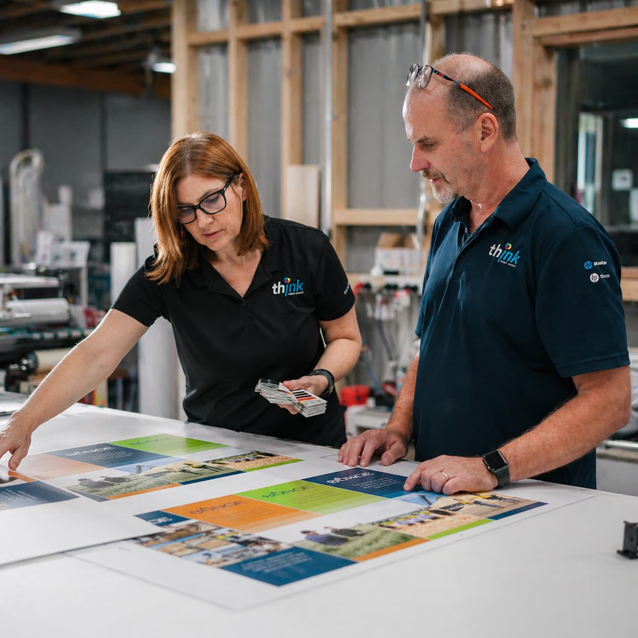 Shane and Bron from Think Print Group inspecting a print job