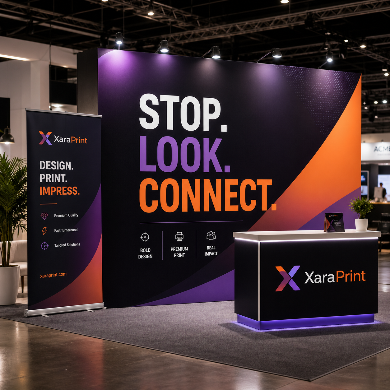 Modern trade show booth with branded backdrop, counter, and event signage