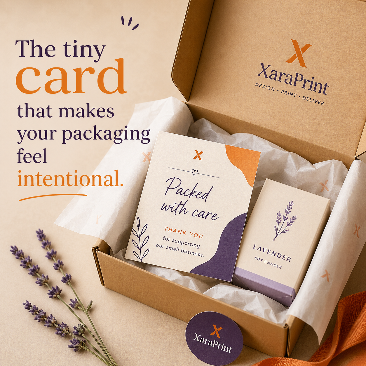 Branded packaging insert card placed inside a boutique mailer box with tissue paper