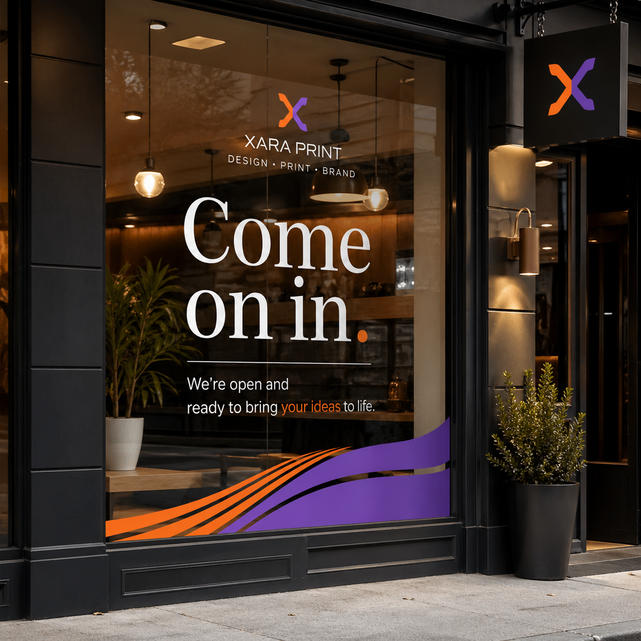 Modern storefront window with branded decals, opening hours, and promotional graphics