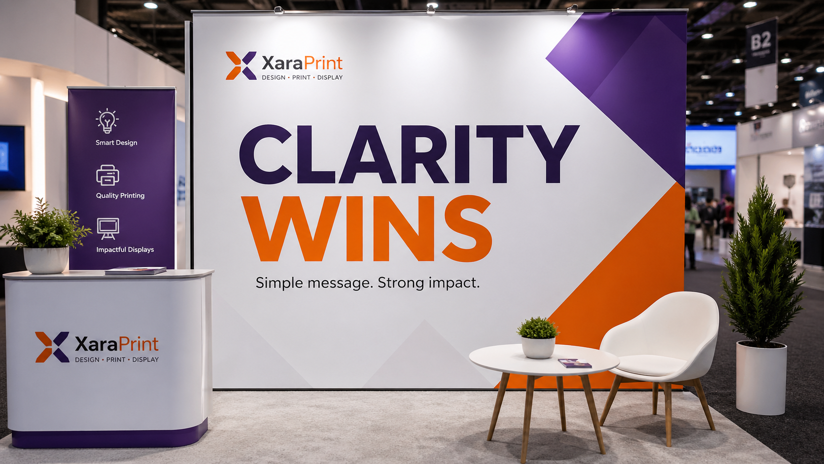 Trade show banner with a short bold headline and clean layout