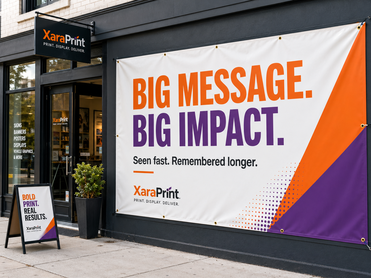 Storefront promotional banner with large readable text