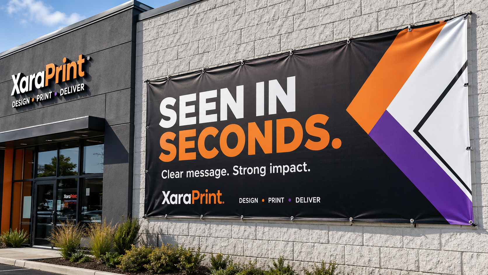Branded banner displayed outside a modern business storefront