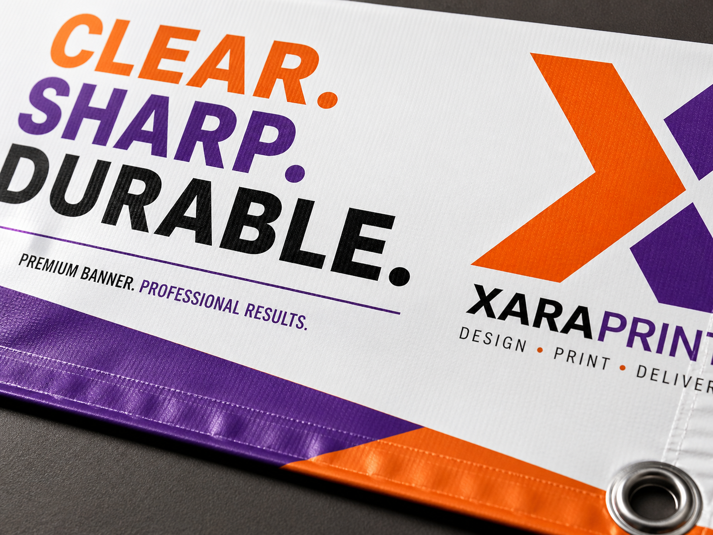 Close-up of printed banner material and sharp text quality