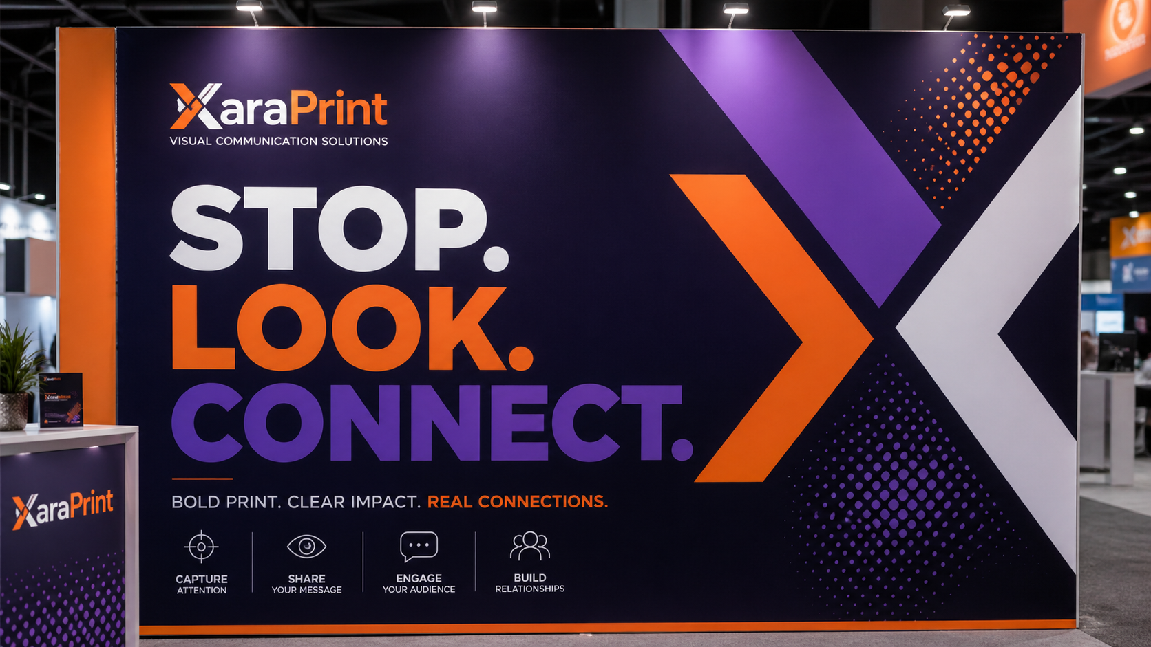 Trade show booth backdrop with a clear bold headline and clean visual hierarchy