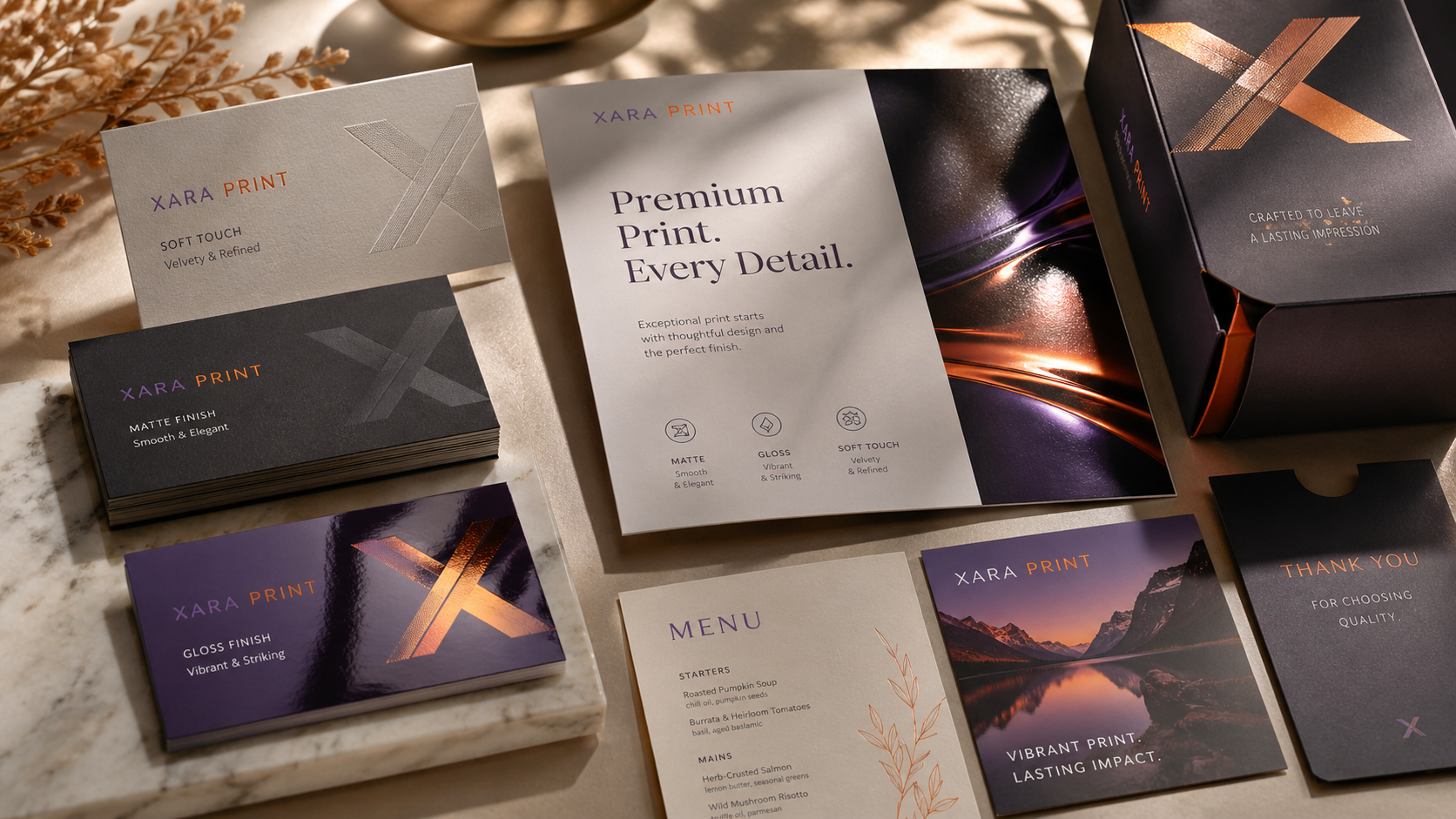 Premium printed cards and brochures showing matte gloss and soft-touch finishes