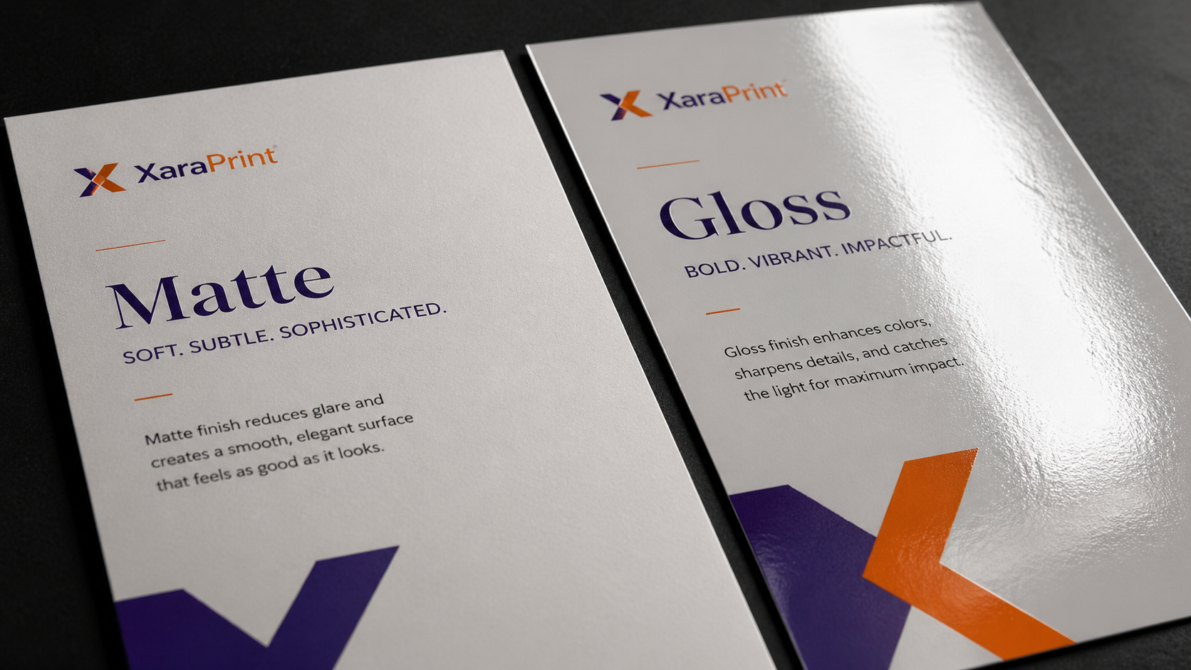 Close-up comparison of matte and gloss printed finish under studio lighting