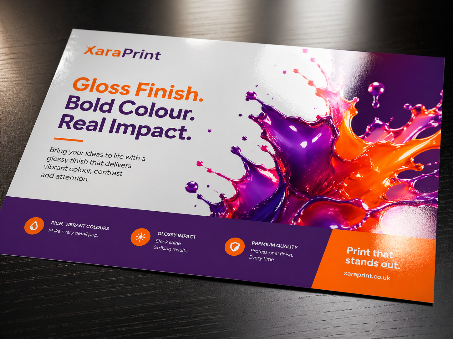 Glossy promotional flyer with vibrant colour and reflective finish