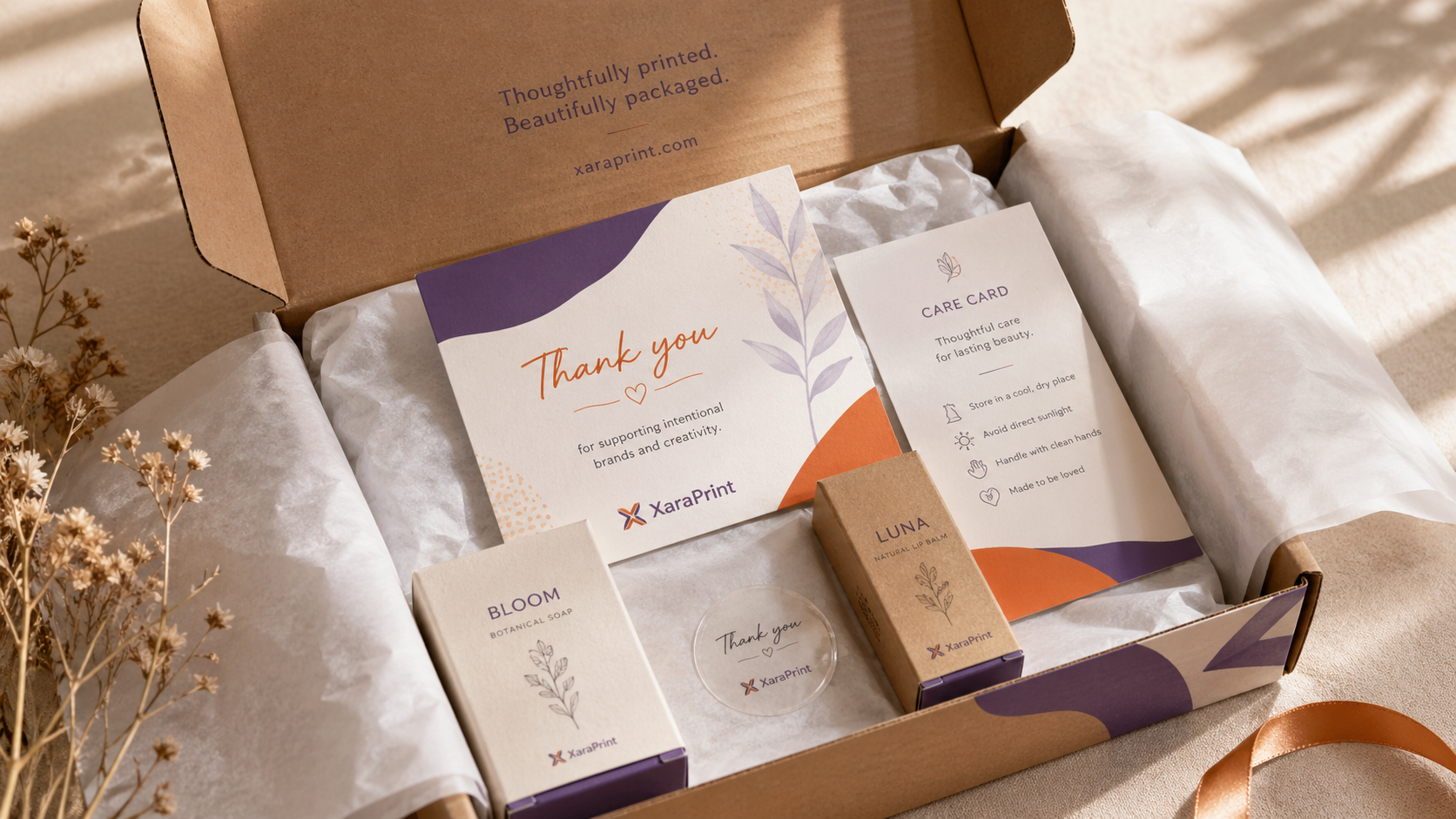 Branded packaging insert card inside a boutique mailer box