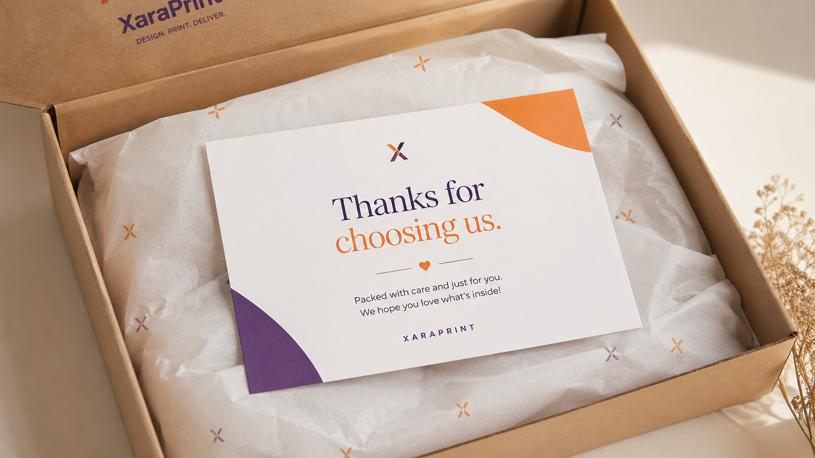 Thank-you packaging insert card placed inside tissue paper