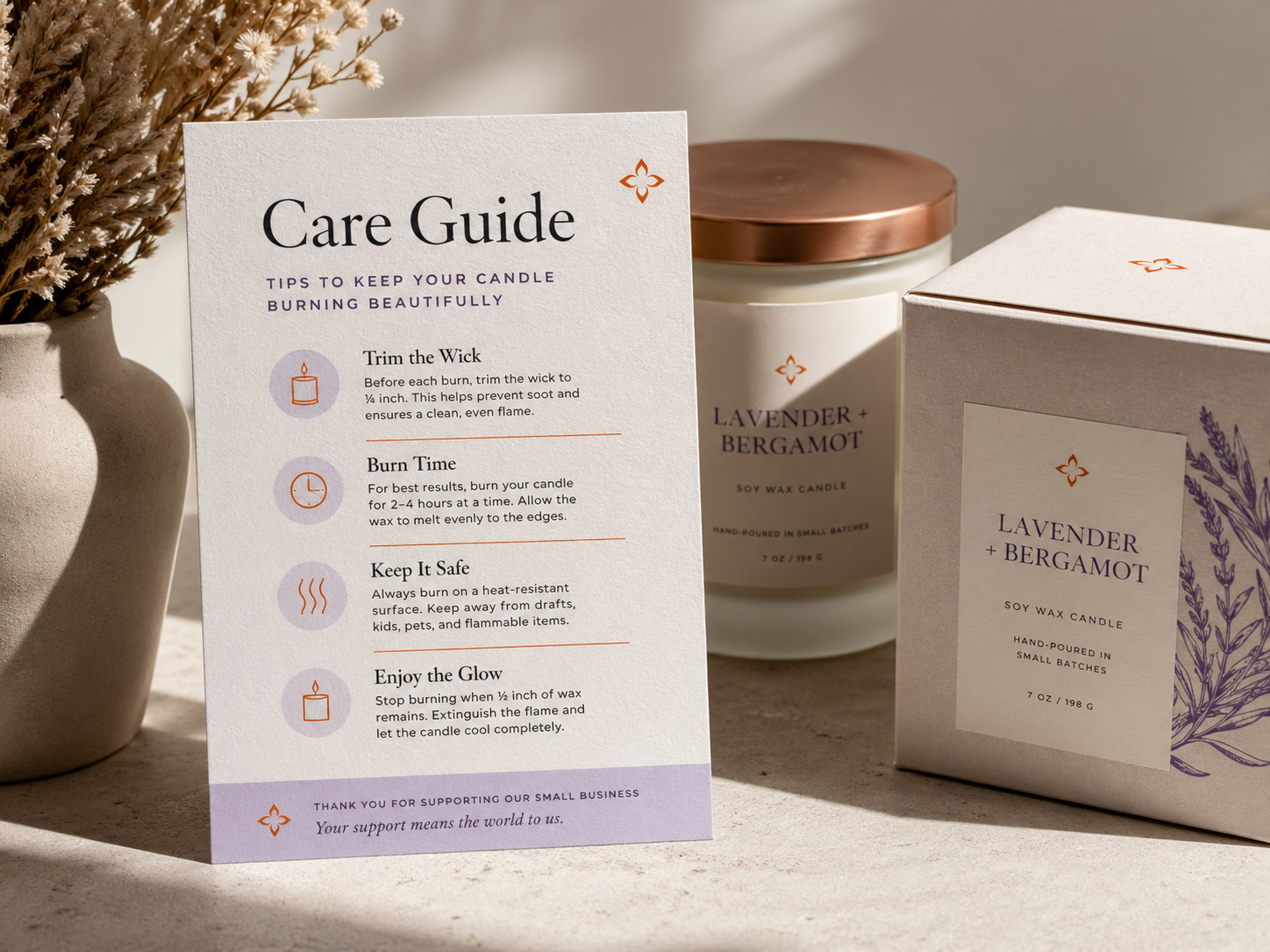 Printed product care instruction card with clean design
