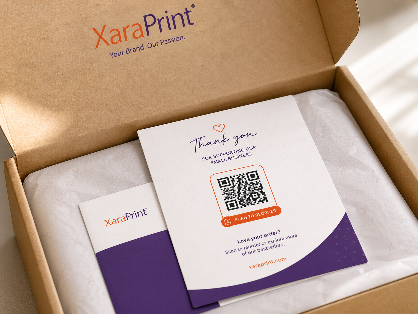 QR reorder packaging insert card with branded design
