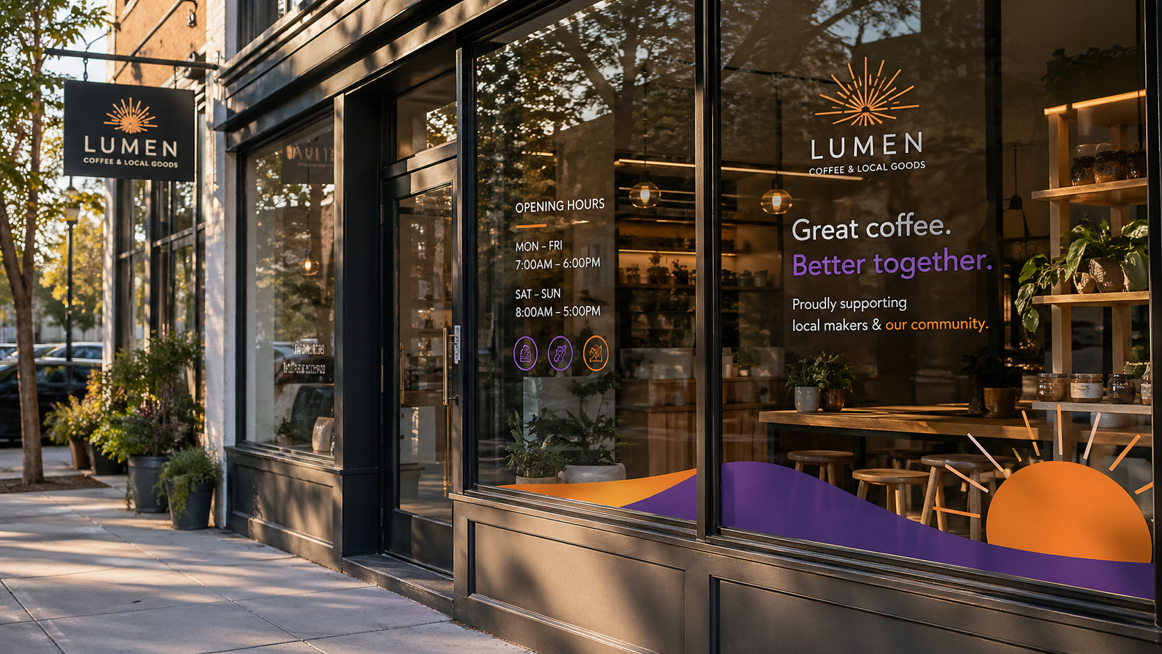 Modern storefront window with branded graphics and promotional decals