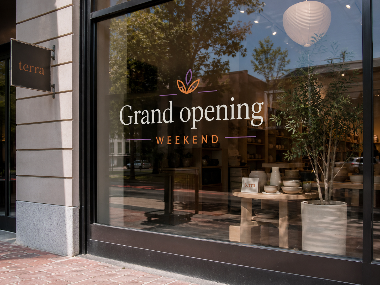 Retail storefront window with promotional launch message and branded graphics