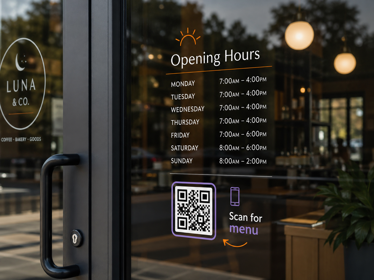 Storefront glass with QR code decal, opening hours, and branded details